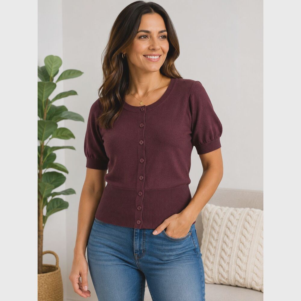 SCOOP Women M 8-10 Burgundy Button Front Short S Knit Cardigan Sweater NWT #17
